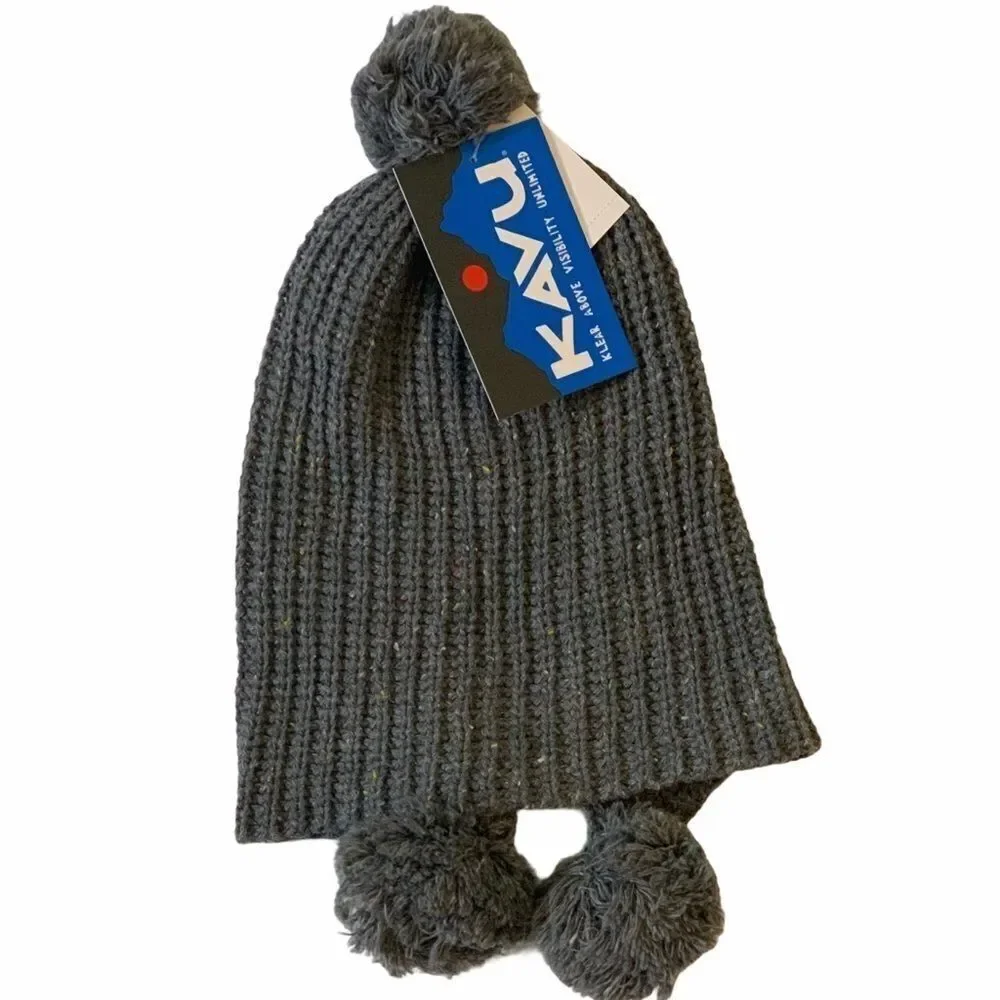 KAVU Cloud Nine Pom Pom Beanie Hat Mineral Gray Chunky Knit Ear Flap New, OS